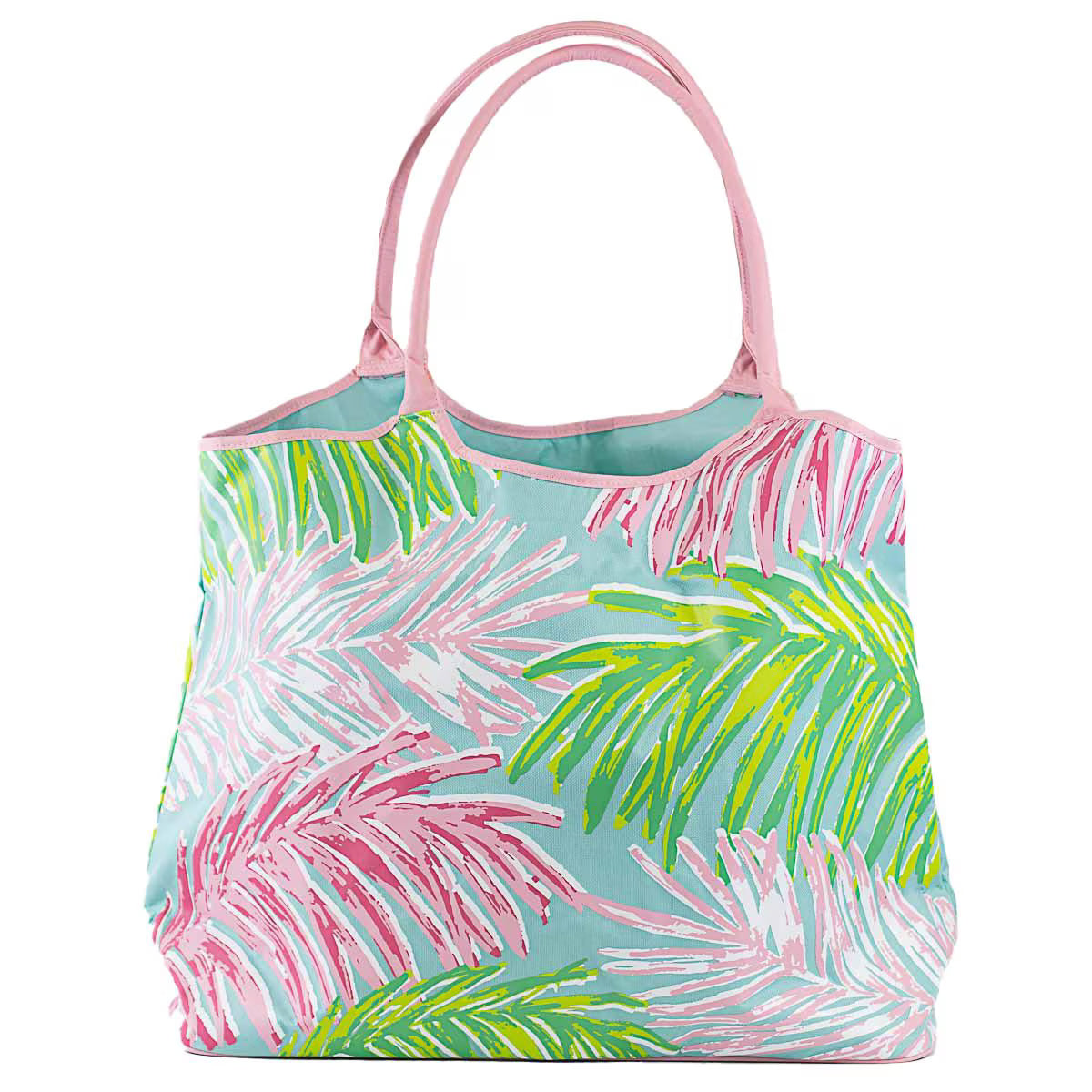 Tote bag with pink and green palm leaf pattern on a light blue background