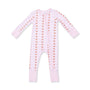 A baby long-sleeve footless one-piece sleeper in light pink, featuring vertical panels of white with a brown teddy bear print and solid pink trim.