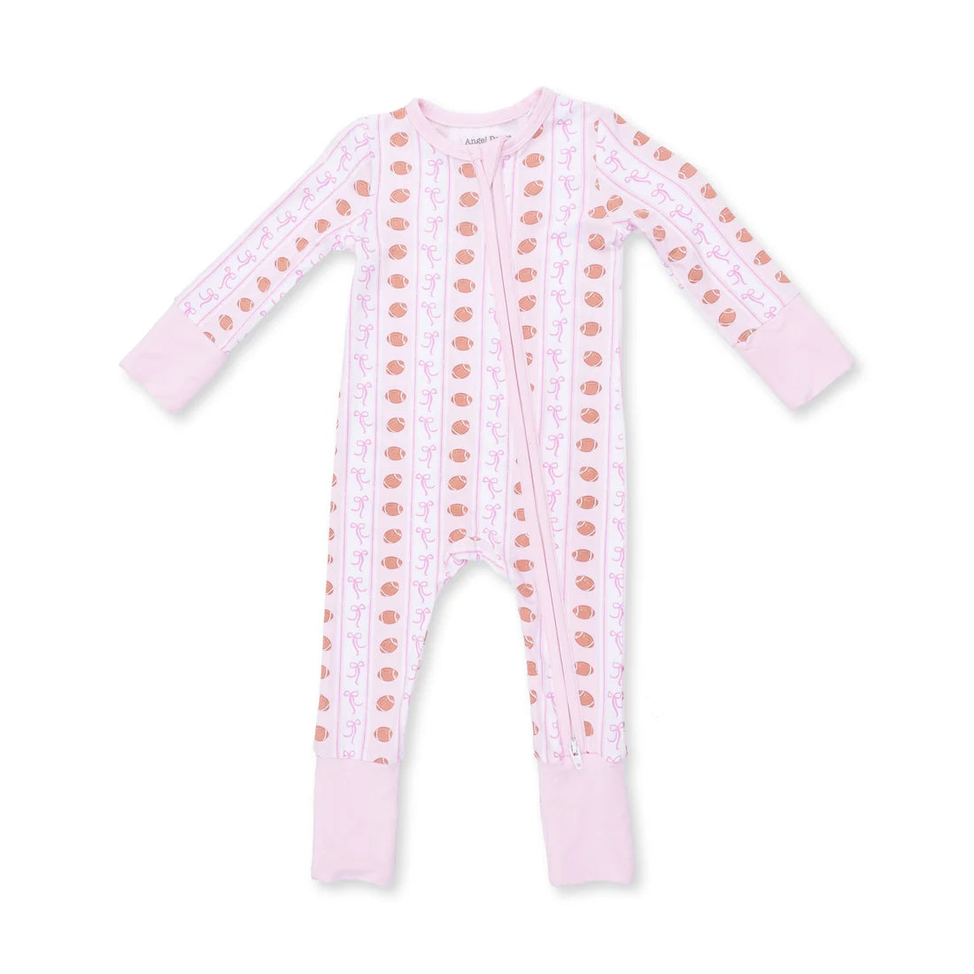 A baby long-sleeve footless one-piece sleeper in light pink, featuring vertical panels of white with a brown teddy bear print and solid pink trim.