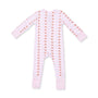 A baby long-sleeve footed sleeper in light pink, featuring vertical stripes of embroidered pink bunny silhouettes on a white background.