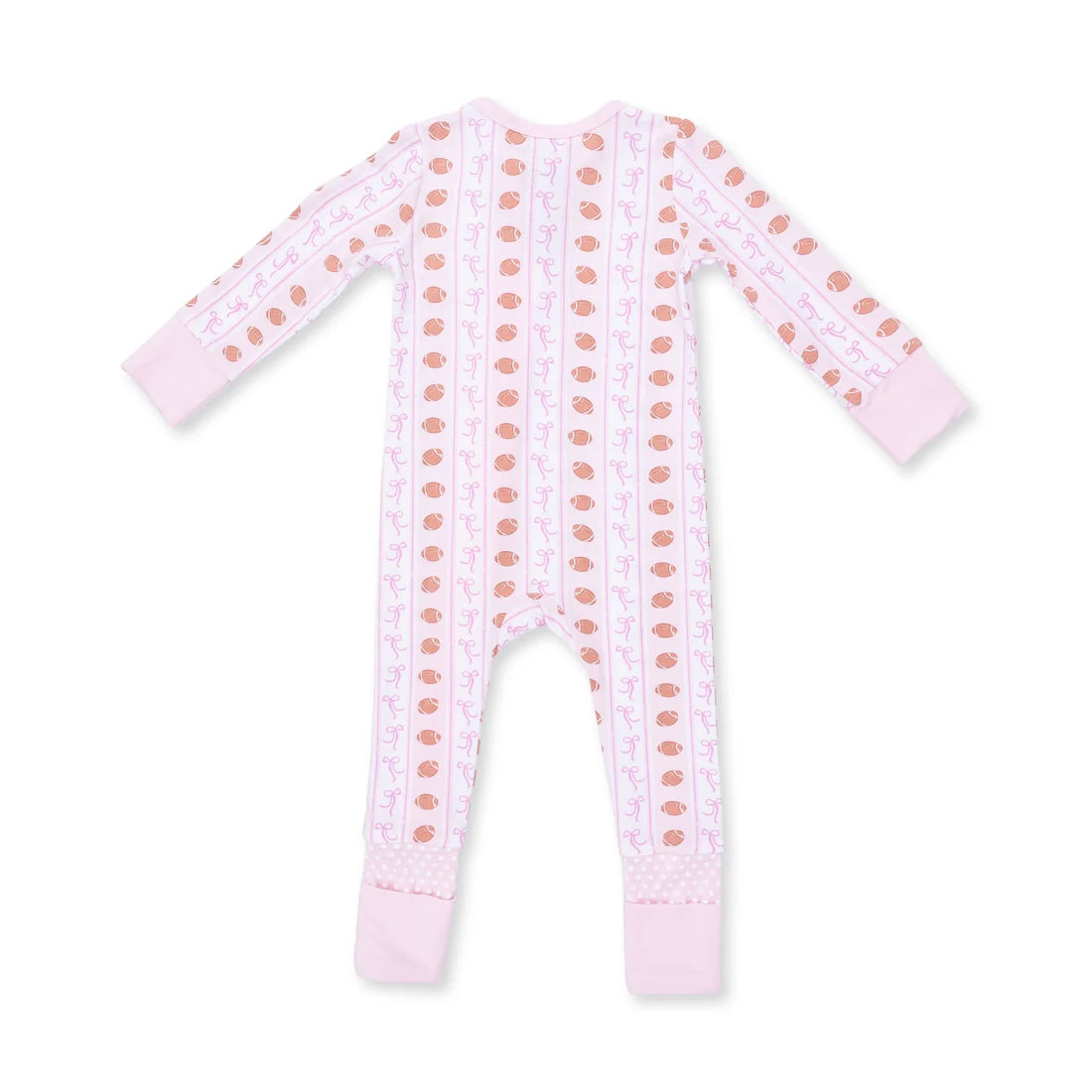 A baby long-sleeve footed sleeper in light pink, featuring vertical stripes of embroidered pink bunny silhouettes on a white background.
