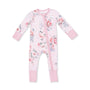 A baby long-sleeve footless zip-up sleeper in light pink with a floral print of red, orange, and blue roses, shown on a plain white background.