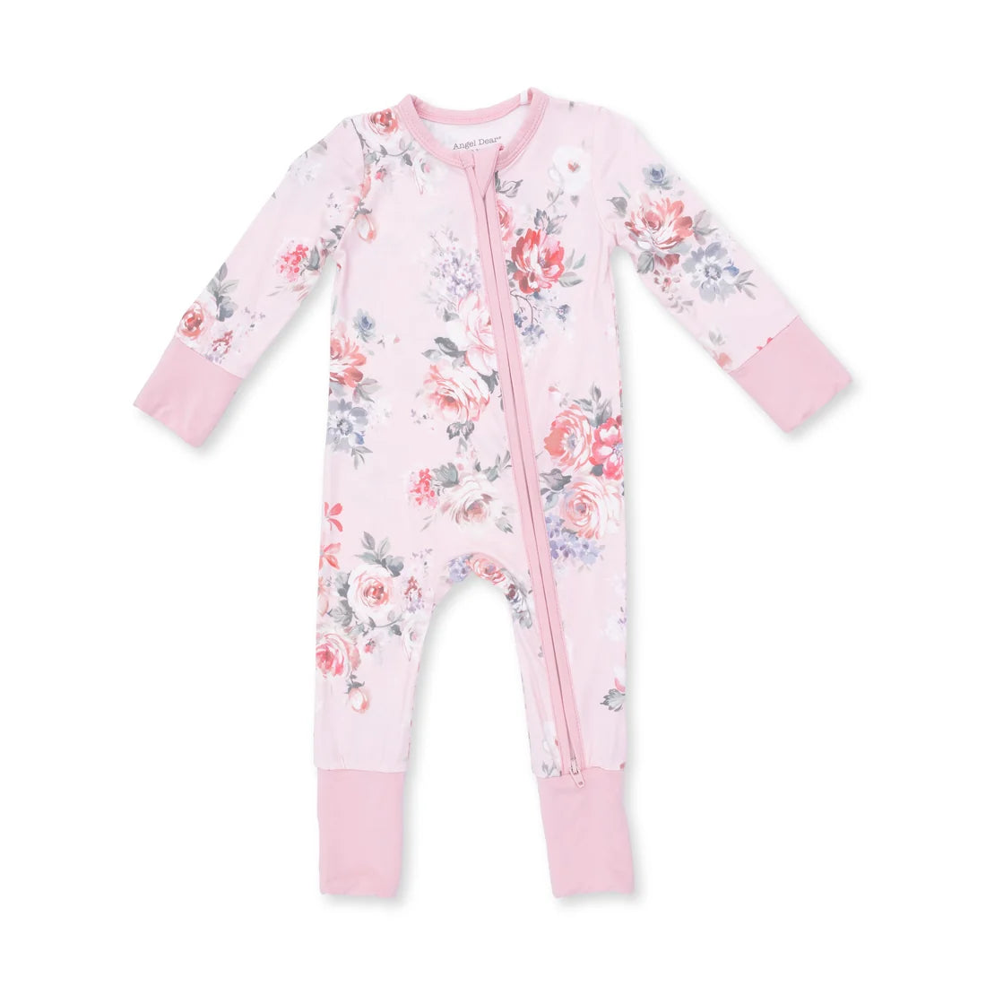 A baby long-sleeve footless zip-up sleeper in light pink with a floral print of red, orange, and blue roses, shown on a plain white background.