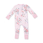 A baby long-sleeve footless one-piece jumpsuit in light pink, decorated with a watercolor-style floral print in shades of red, pink, and gray, with solid pink cuffs and ankles.