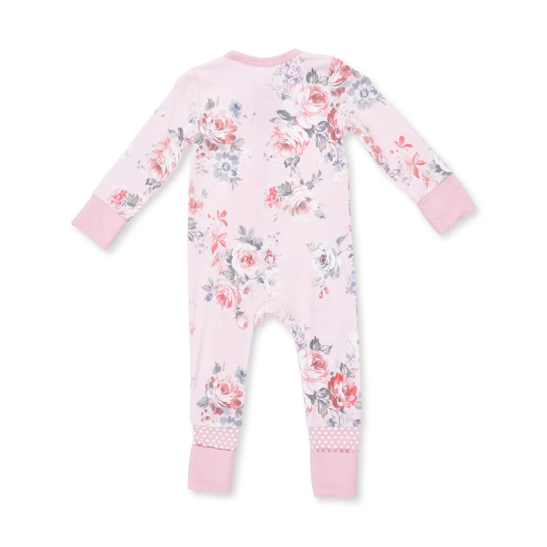 A baby long-sleeve footless one-piece jumpsuit in light pink, decorated with a watercolor-style floral print in shades of red, pink, and gray, with solid pink cuffs and ankles.