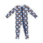 Children's onesie with football pattern on a white background