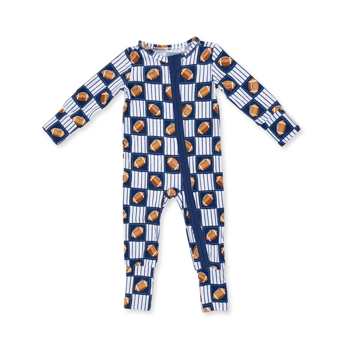 Children's onesie with football pattern on a white background