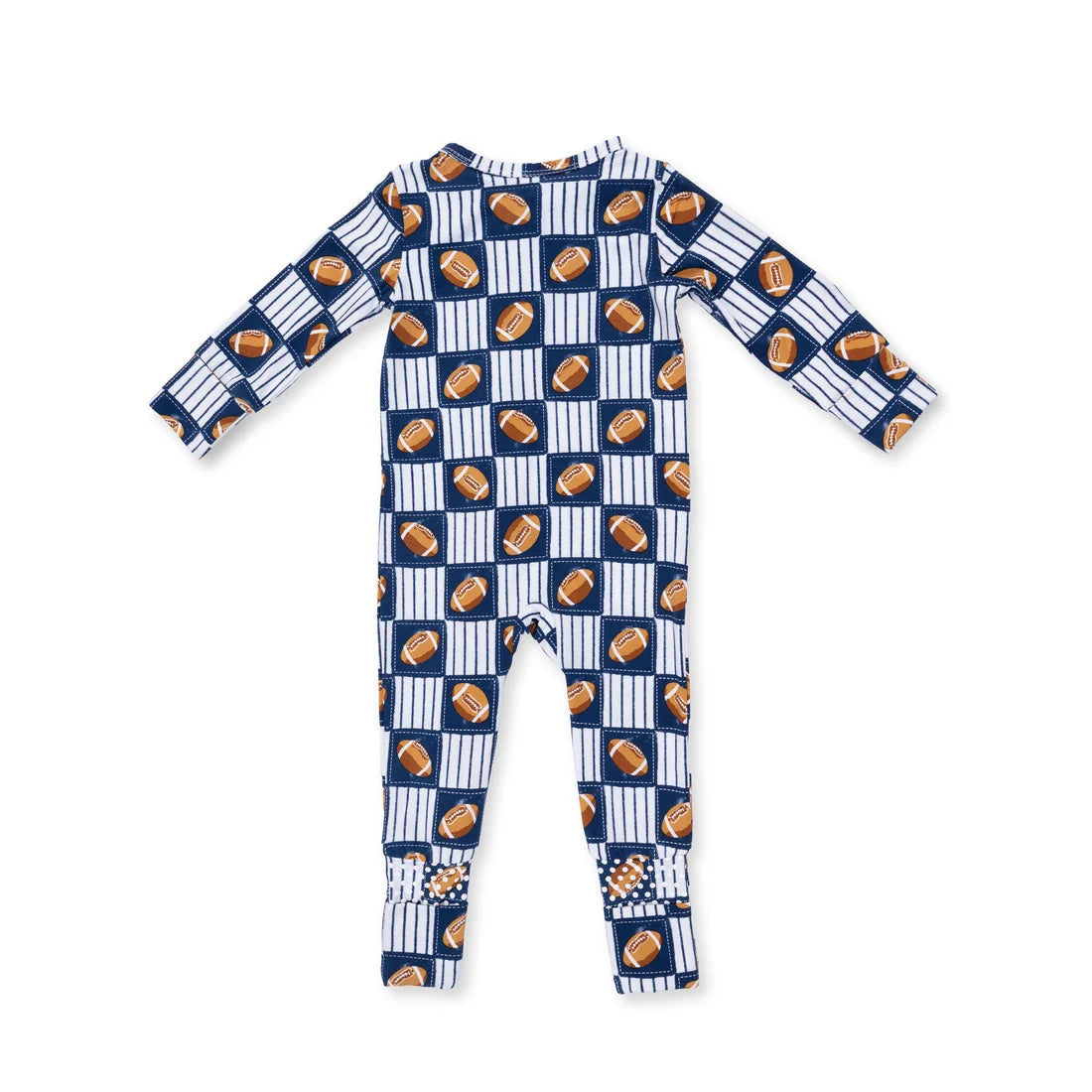 Children's onesie with football pattern on a white background