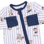 Baby onesie with teddy bear pattern and navy accents on a white background