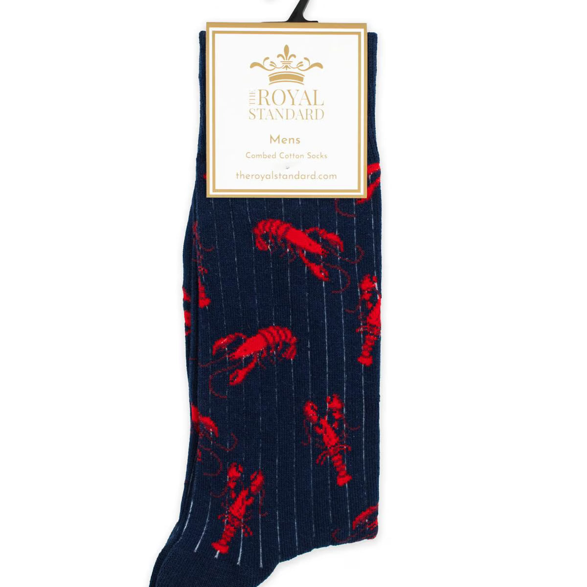 Navy sock with red lobster pattern on a white background