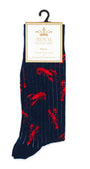 Navy sock with red lobster pattern on a white background