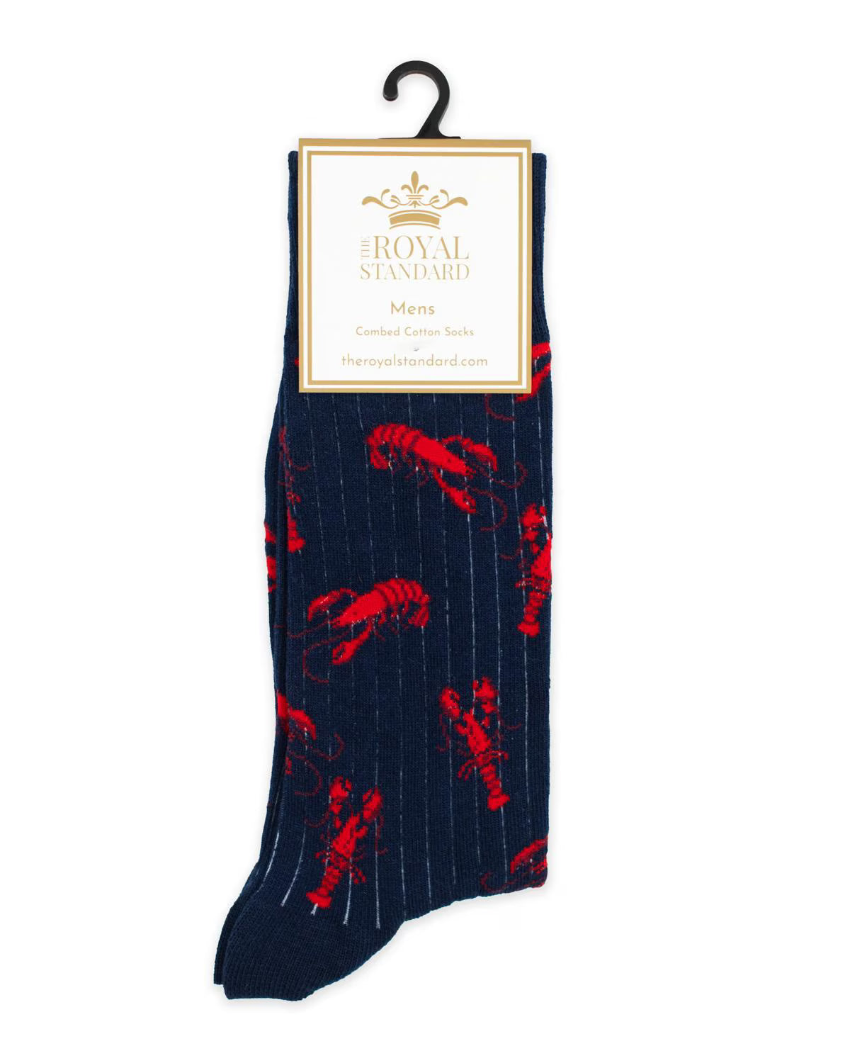 Navy sock with red lobster pattern on a white background