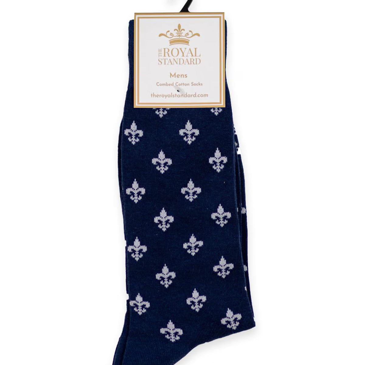 Navy blue sock with white fleur-de-lis pattern on a hanger with 'The Royal Standard' label.