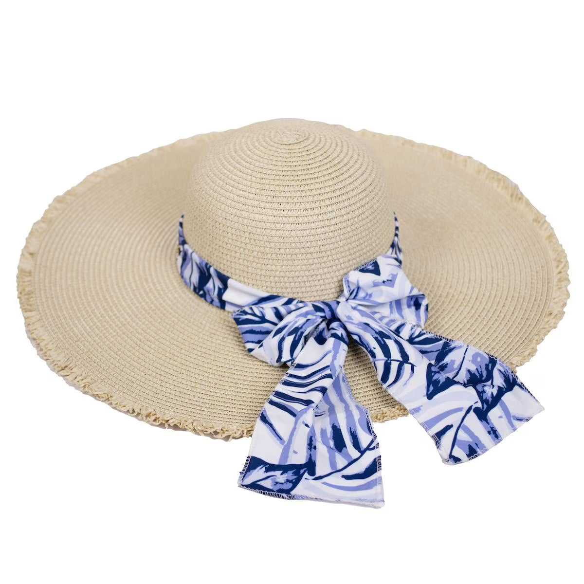 Beige straw hat with a blue and white patterned ribbon on a white background