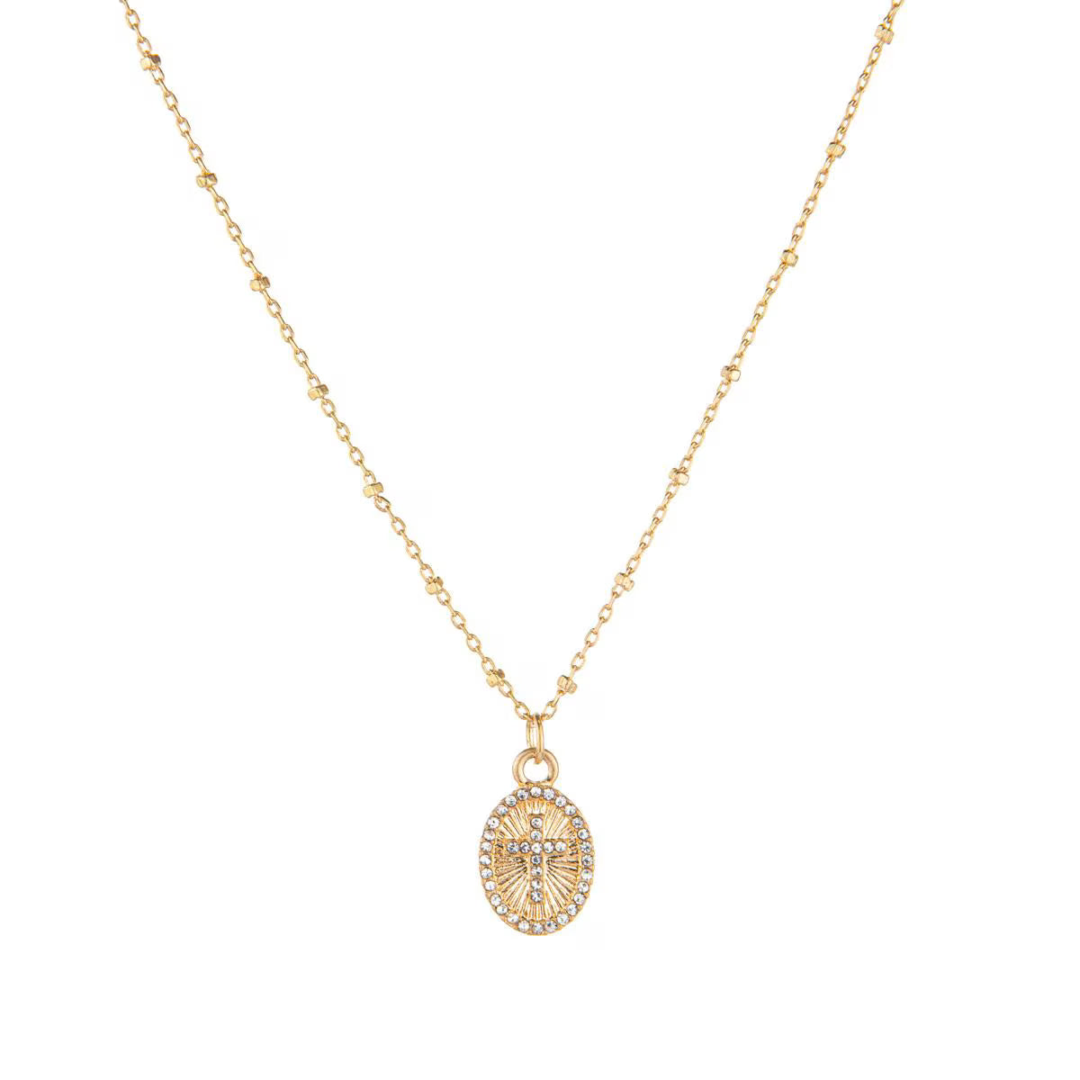 Gold necklace with a pendant on a white background