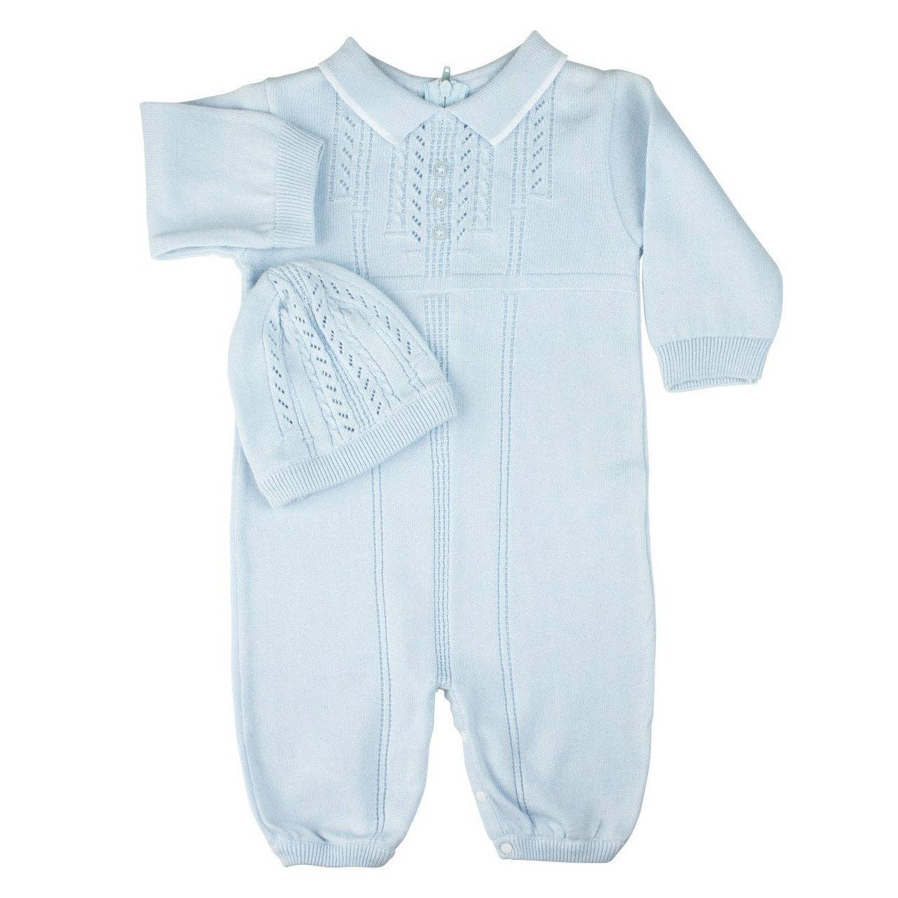 Light blue baby knitted outfit with matching hat on a white background