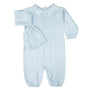 Light blue baby knitted outfit with matching hat on a white background