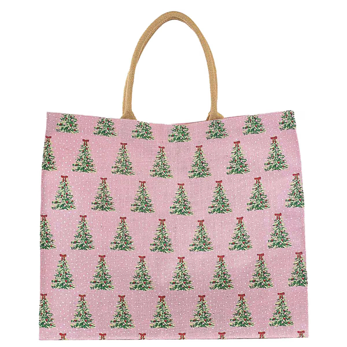Tote bag with Christmas tree pattern on a pink background