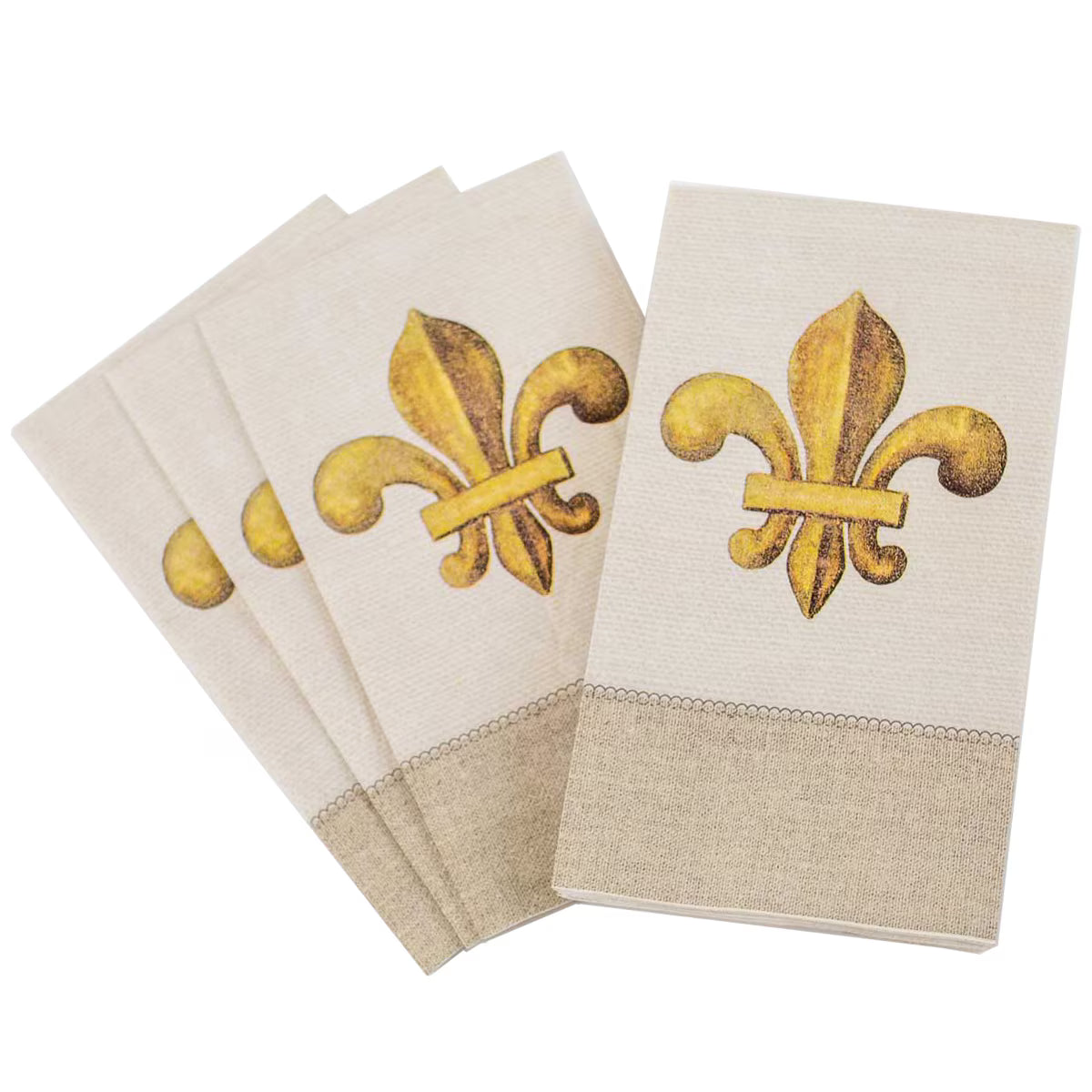 Set of beige napkins with gold fleur-de-lis designs on a white background