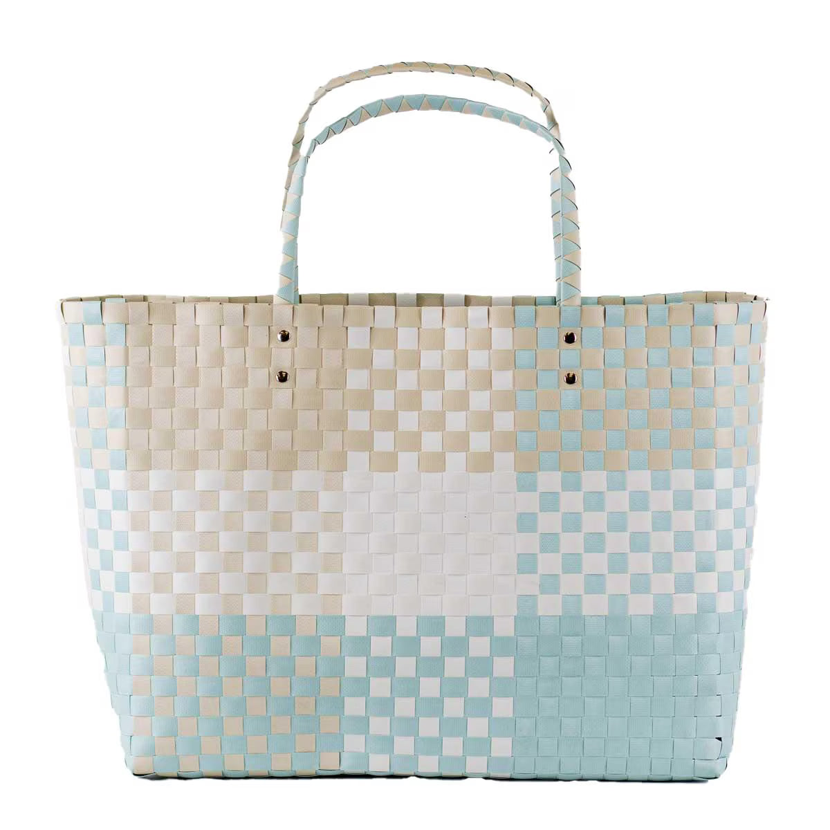Woven tote bag with a checkered pattern on a white background