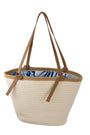 Beige woven tote bag with brown handles on a white background