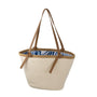 Beige woven tote bag with brown handles on a white background