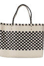 Woven tote bag with black and white checkered pattern on a white background