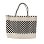 Woven tote bag with black and white checkered pattern on a white background
