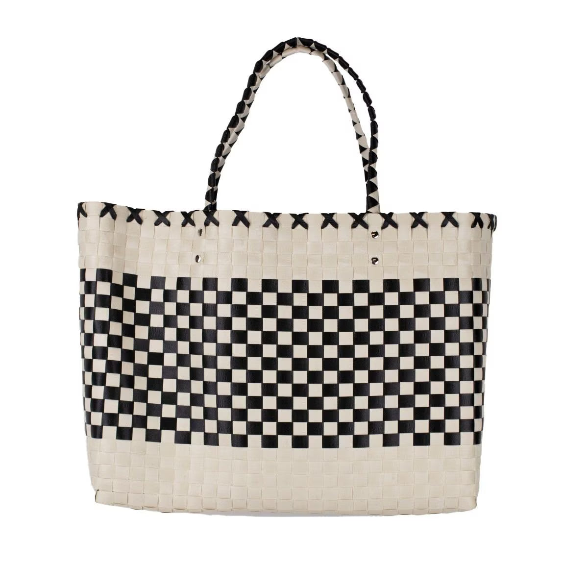 Woven tote bag with black and white checkered pattern on a white background
