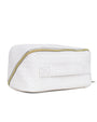 White quilted toiletry bag with a gold zipper on a white background