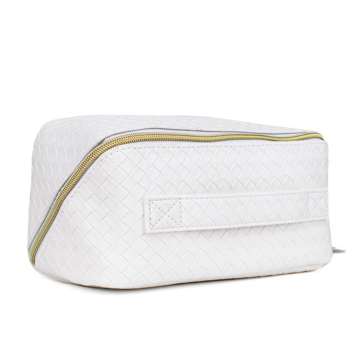 White quilted toiletry bag with a gold zipper on a white background