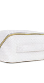 White quilted toiletry bag with a gold zipper on a white background