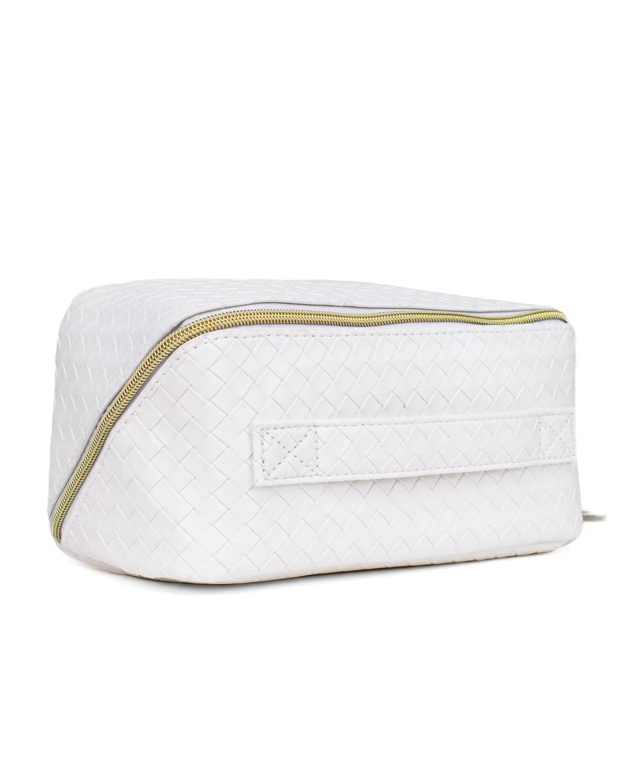 White quilted toiletry bag with a gold zipper on a white background