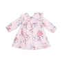 A pink long-sleeve baby dress with a floral print, featuring a ruffled collar and a gathered waist, shown on a plain white background.