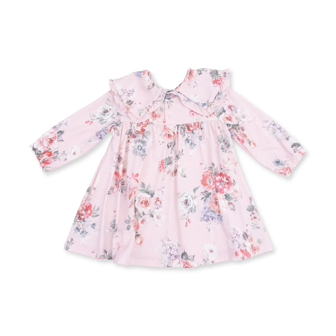 A pink long-sleeve baby dress with a floral print, featuring a ruffled collar and a gathered waist, shown on a plain white background.