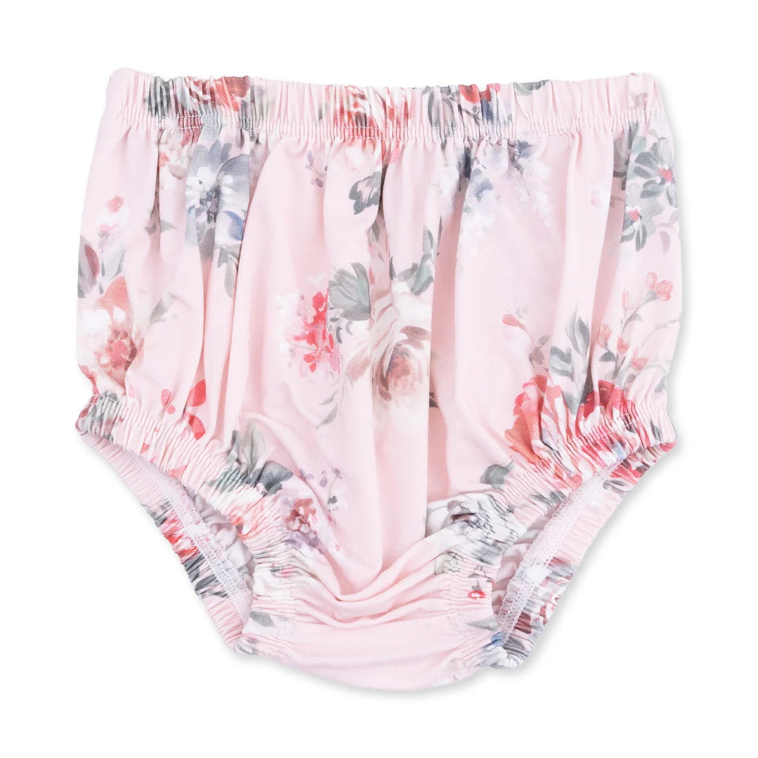 Floral-patterned baby bloomers on a white background