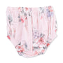 Pink floral diaper cover with a watercolor rose pattern, featuring an elastic waistband and leg openings, shown on a plain white background.