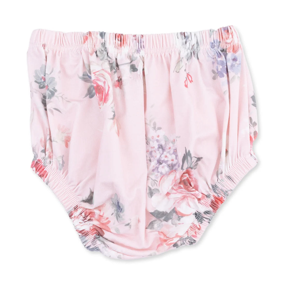Pink floral diaper cover with a watercolor rose pattern, featuring an elastic waistband and leg openings, shown on a plain white background.