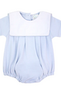 Light blue baby romper with white collar on a white background