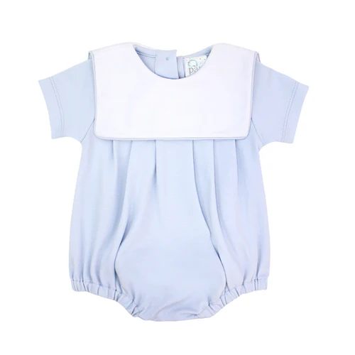 Light blue baby romper with white collar on a white background
