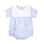 Light blue baby romper with white collar on a white background