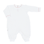 White baby romper with red trim on a white background
