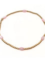Bracelet with pink beads on a gold chain against a white background