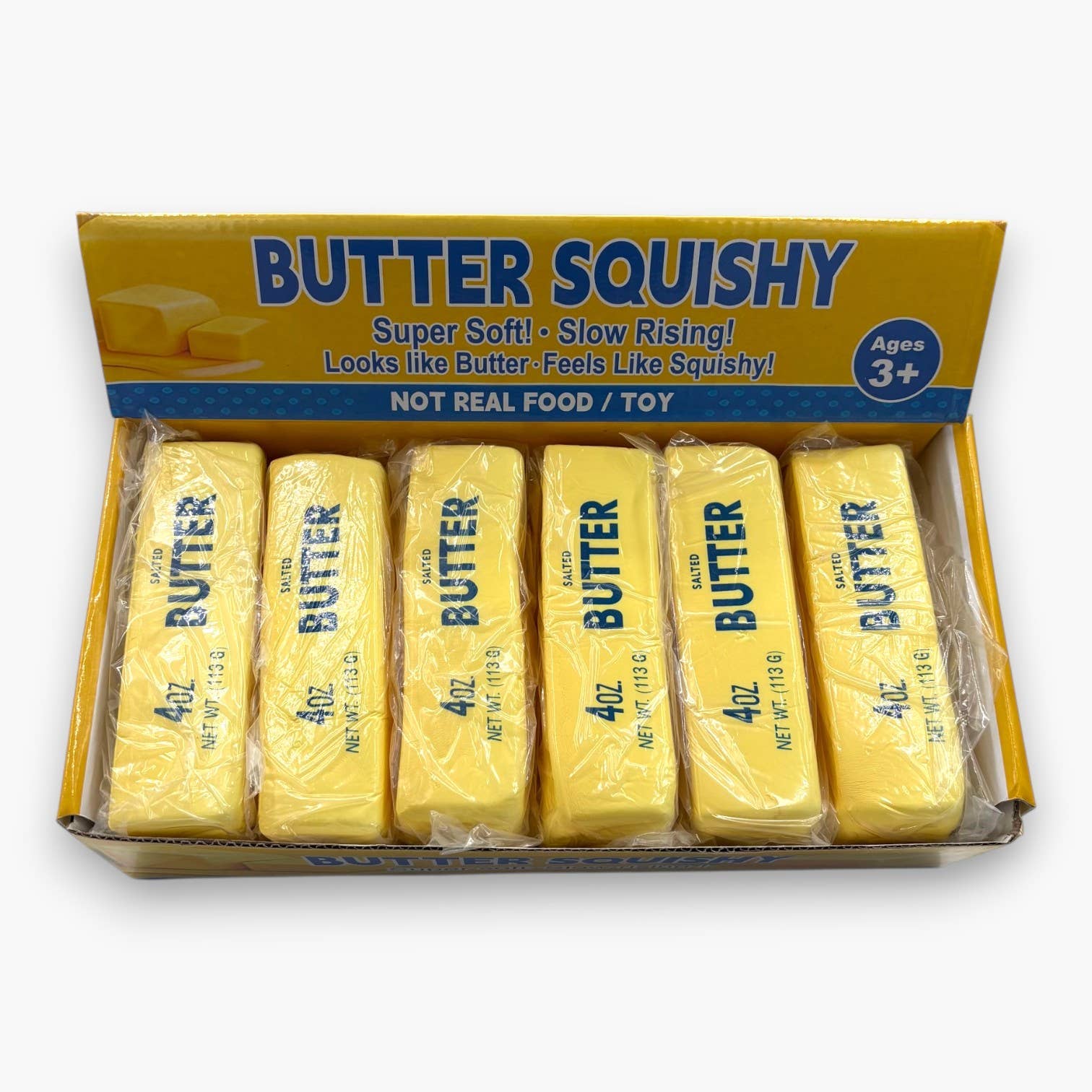 Packaging of Butter Squishy toy with yellow packaging and blue text on a white background