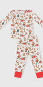 Children's pajama set with Christmas gingerbread man and reindeer pattern on a white background