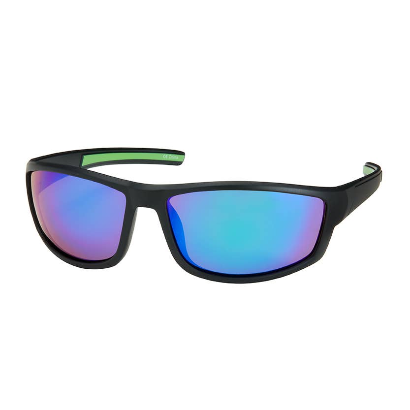 Sunglasses with black frame and multicolored lenses on a white background