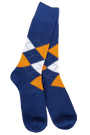 A pair of navy blue crew socks with an argyle pattern in orange and white, shown against a plain white background.