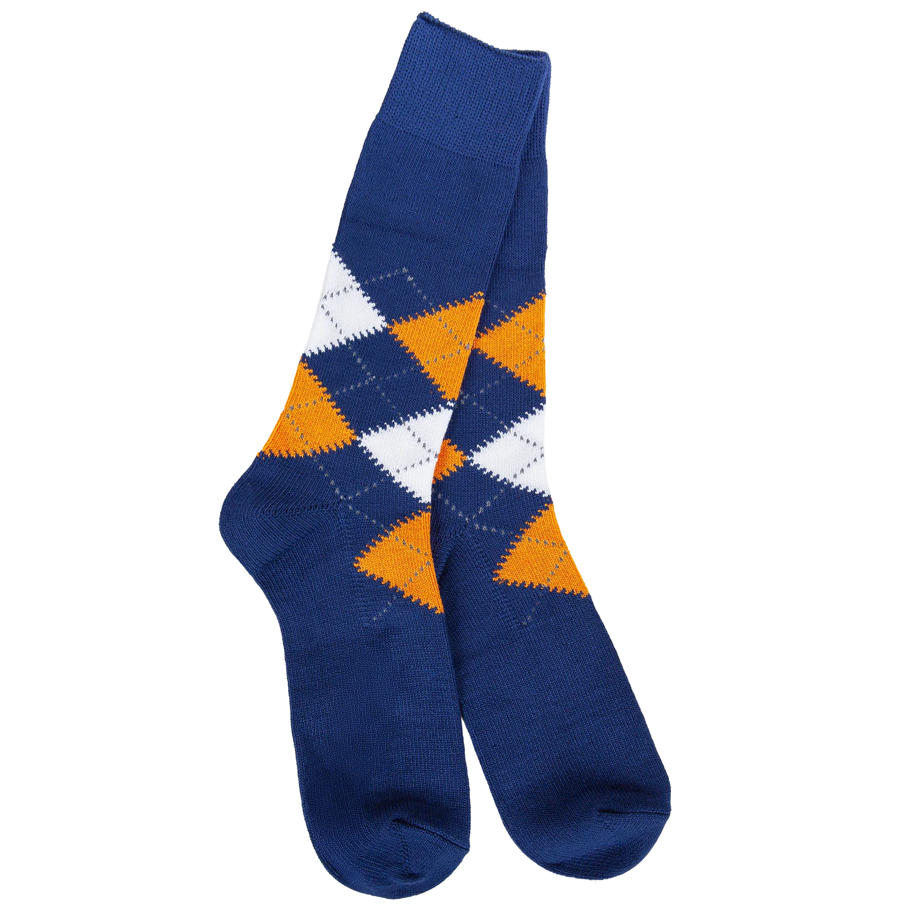 A pair of navy blue crew socks with an argyle pattern in orange and white, shown against a plain white background.