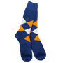 A pair of navy blue crew socks with an argyle pattern in orange and white, shown against a plain white background.