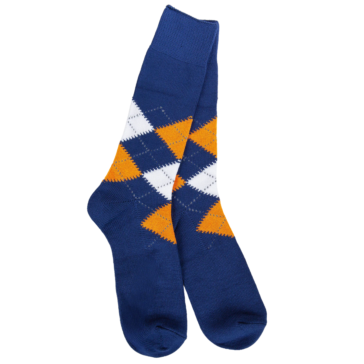 A pair of navy blue crew socks with an argyle pattern in orange and white, shown against a plain white background.